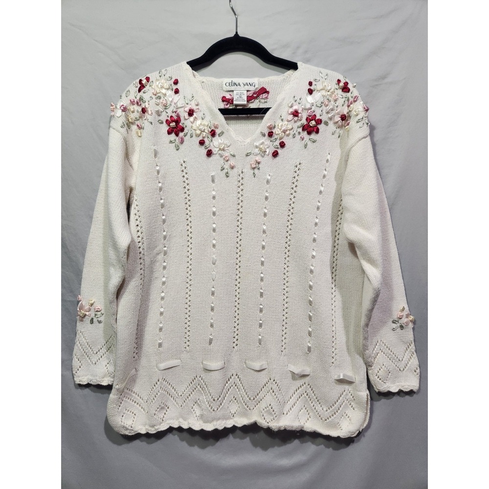 Celina Yang Ribbon Embellised Flower‎ Rosette Knit Sweater Coquette Cottage LRG